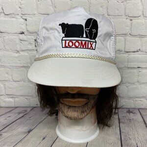 Vintage Nylon Trucker Hat Rope Cap Strap Back White LOOMIX Farming Farmer